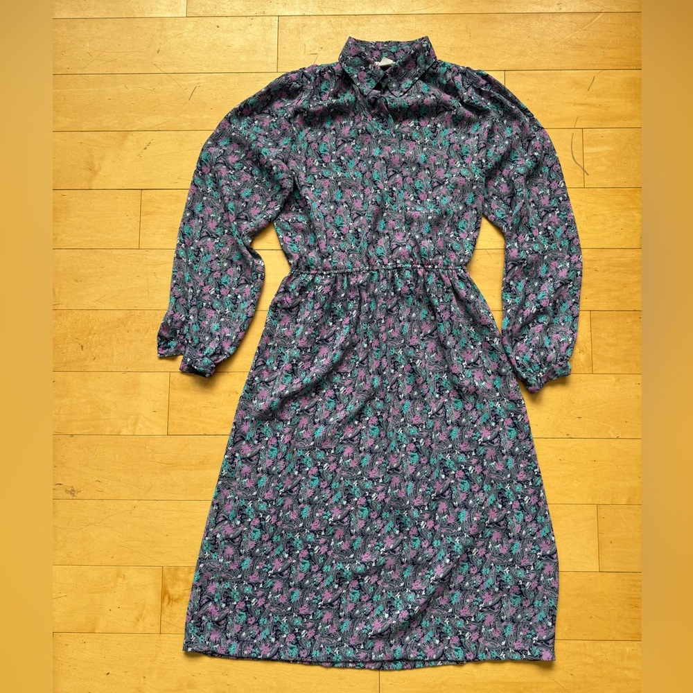 Vintage B.G.B. Ltd Dress Floral Paisley Print, Sz 12, button down,‎ sheer, retro